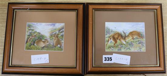 Steve Smith for Moorcroft enamels - two framed plaques of stags and rabbits 8 x 11cm.